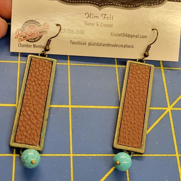 Bronze Pleather w Turquoise Ball Earrings - Picture 1 of 1